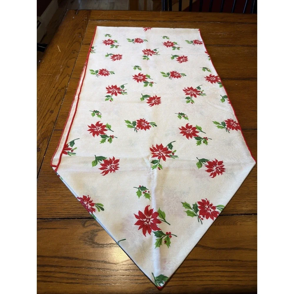 Vtg Christmas Poinsettia Table Runner Red Green On White 70
